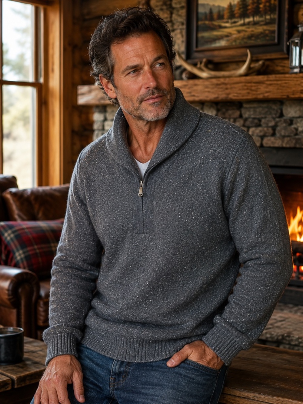 Orvis Men's 100% Wool Donegal 1/4 Gray Zip-Shawl Collar Neck Sweater XL